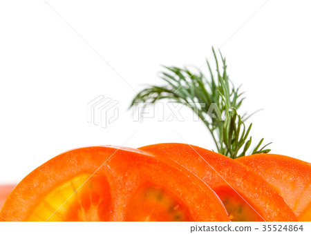 Closeup of liced tomatoes and dill. Closeup of liced tomatoes and dill. 35524864