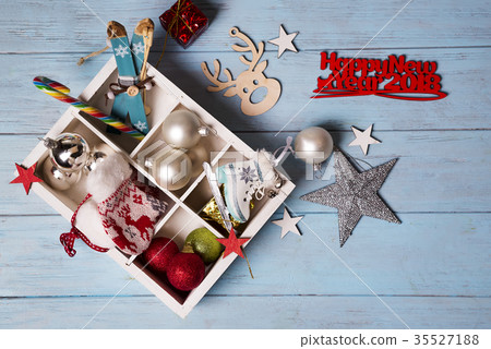 Christmas toys in a wooden box. 35527188