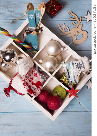 Christmas toys in a wooden box. 35527189