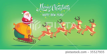 Cute Cartoon Santa Claus Riding Reindeer Sleigh Stock