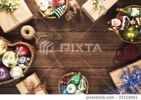 Christmas background with gifts, toys, ball, tree 35528091