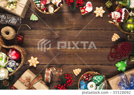 Christmas background with gifts, toys, tree 35528092