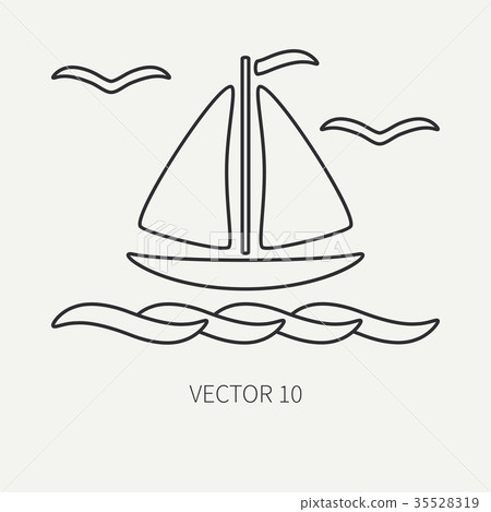 Line flat plain vector ocean icon boat with sail Line flat plain vector ocean icon boat with sail 35528319