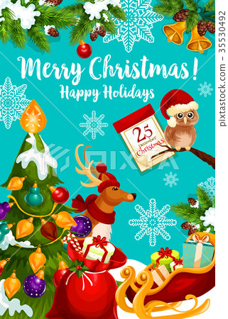 Santa sleigh with Christmas gift and reindeer card 35530492