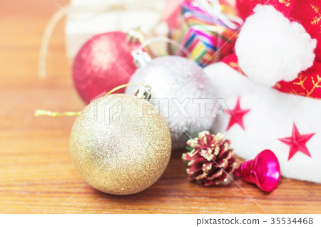 Balls with decorations on wooden. Balls with decorations on wooden. 35534468