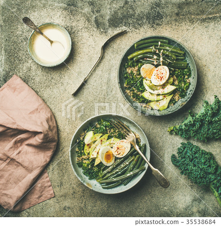Healthy vegetarian breakfast bowls flat-lay over Healthy vegetarian breakfast bowls flat-lay over 35538684