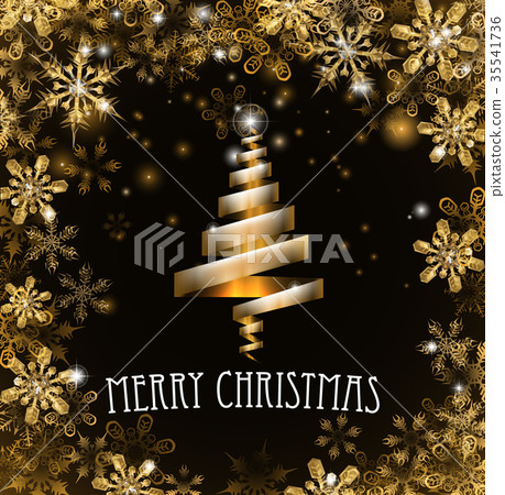 Gold Merry Christmas Tree Snowflakes Background 35541736