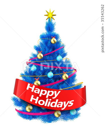 3d blue Christmas tree with happy holidays sign 3d blue Christmas tree with happy holidays sign 35543262