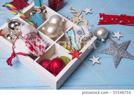 Christmas toys in a wooden box. 35546758