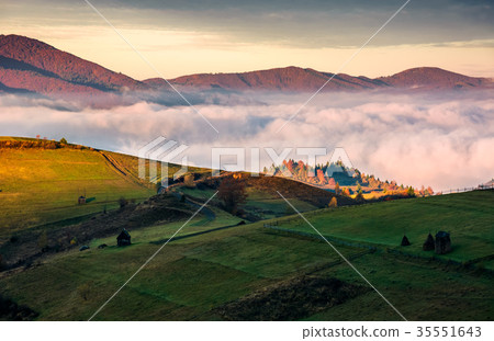 grassy hillside above the thick fog in mountains 35551643