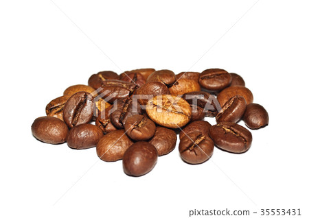 Coffee Grains fried on a white background. Macro 35553431