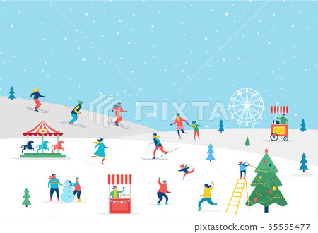 Winter sport scene, Christmas street event, festival and fair, with people, families make fun Winter sport scene, Christmas street event, festival and fair, with people, families make fun 35555477