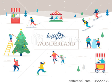 Winter sport scene, Christmas street event, festival and fair, with people, families make fun Winter sport scene, Christmas street event, festival and fair, with people, families make fun 35555479