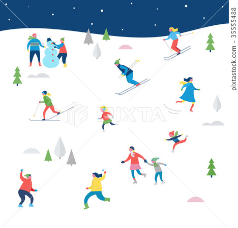 Winter sport scene, Christmas street event, festival and fair, with people, families make fun Winter sport scene, Christmas street event, festival and fair, with people, families make fun 35555488