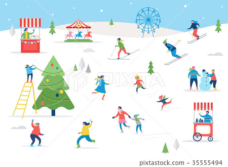 Winter sport scene, Christmas street event, festival and fair, with people, families make fun Winter sport scene, Christmas street event, festival and fair, with people, families make fun 35555494