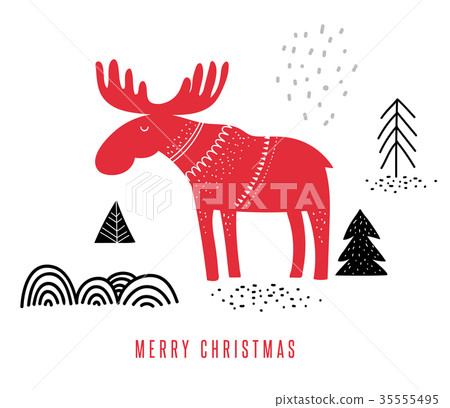 Christmas, Winter illustration with moose, hand drawn in Scandinavian style greeting card Christmas, Winter illustration with moose, hand drawn in Scandinavian style greeting card 35555495