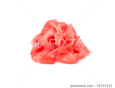 Pile of marinated ginger slices isolated 35557225