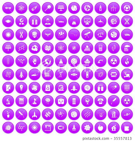 100 space technology icons set purple 35557813