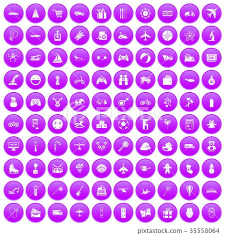 100 toys for kids icons set purple 35558064