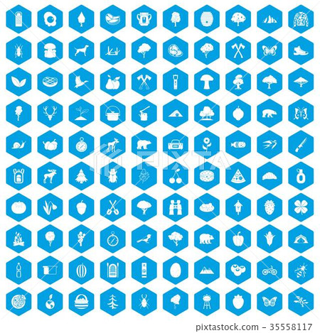 100 camping and nature icons set blue 35558117