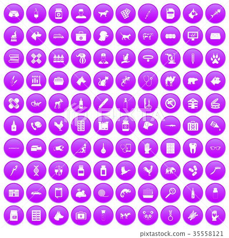 100 veterinary icons set purple 35558121