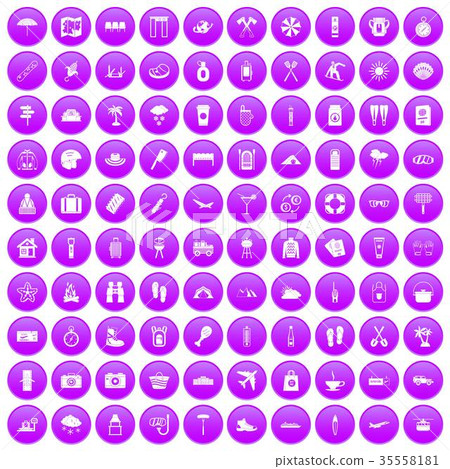 100 vacation icons set purple 35558181