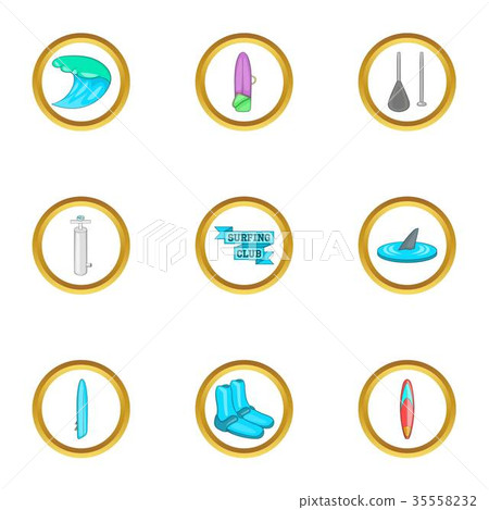 Surfing club icons set, cartoon style Surfing club icons set, cartoon style 35558232