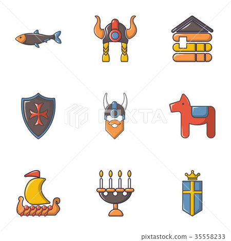 Viking equipment icons set, cartoon style 35558233