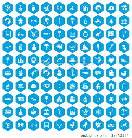 100 happy childhood icons set blue 35558915
