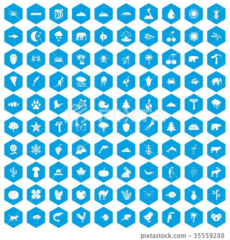 100 nature icons set blue 35559288