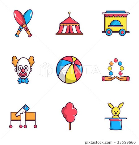 Clown show on birthday icons set, flat style 35559660