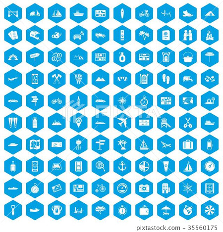 100 travel icons set blue 35560175