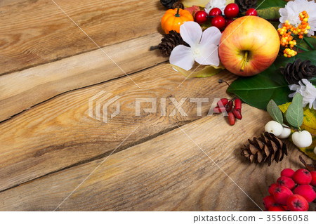 Thanksgiving background with apple, autumn leaves  35566058