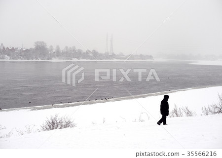 View of Neva River at winter cloud day. 35566216