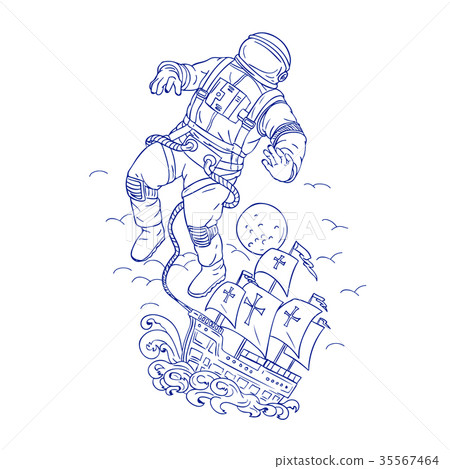 Astronaut Tethered Caravel Ship Drawing 35567464