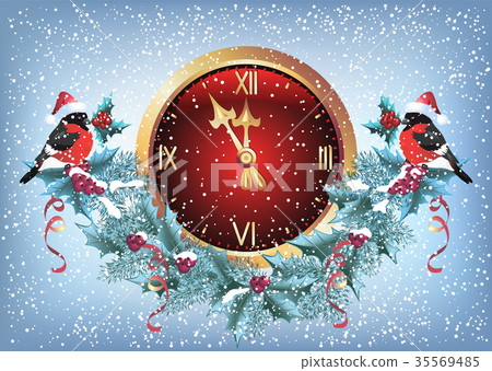 Christmas chimes with bullfinch in santa hat Christmas chimes with bullfinch in santa hat 35569485