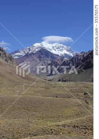 從安第斯山脈山谷觀看南美最高峰阿空加瓜，南美智利 - 阿根廷邊界和高山植物草甸傳播 35570575