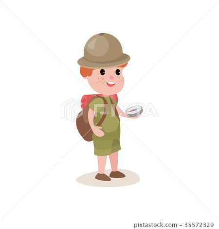 Young explorer with compass in hands and backpack 35572329