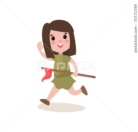 Cheerful scout girl running, waving her hand and Cheerful scout girl running, waving her hand and 35572399