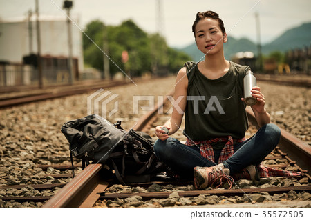 Woman backpacker portrait going track Woman backpacker portrait going track 35572505