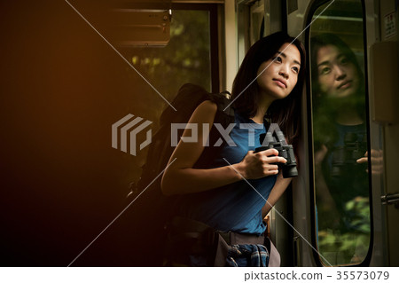 Female backpacker in the train Female backpacker in the train 35573079