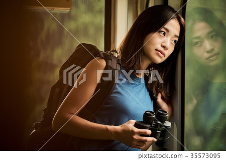 Female backpacker in the train 35573095