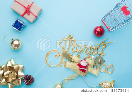 Christmas decorations on blue color background 35575914