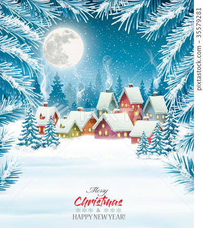 Holiday Christmas background with a village 35579281