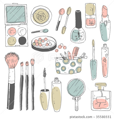 Hand darwn vector cosmetic set. Cosmetic tools and Hand darwn vector cosmetic set. Cosmetic tools and 35580331