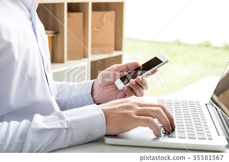 happiness man using smart phone register payments online shoppin 35581567