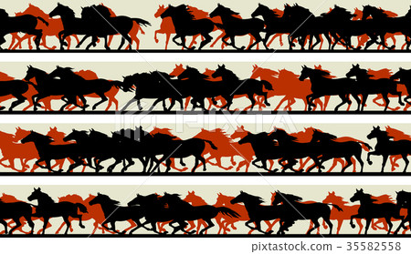 Banners silhouette of prancing galloping horses. 35582558