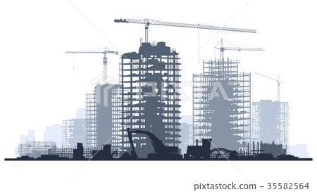 Line illustration of construction site with crane. 35582564