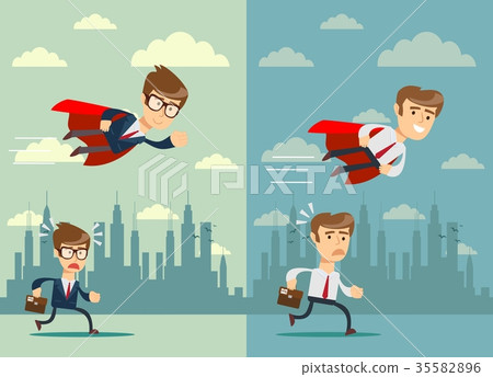 businessman with red cape fly pass his competitor 35582896