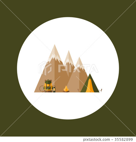 Mountains, tourist tent, hiking backpack, rope 35582899